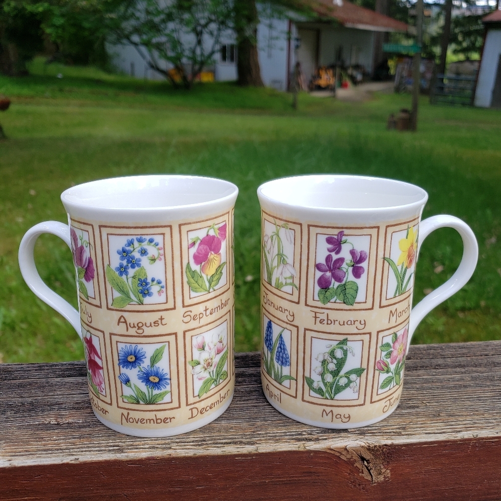 (2) Crown Trent - Fine Bone China - Made In England Flowers Of The Month Mugs